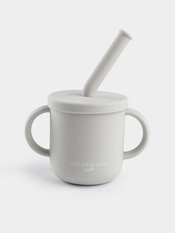 Балаларға арналған ішетін ыдыс, 150 мл, тұтқалары бар, сабаны бар, силикон, сұр, Kiddy, image-0