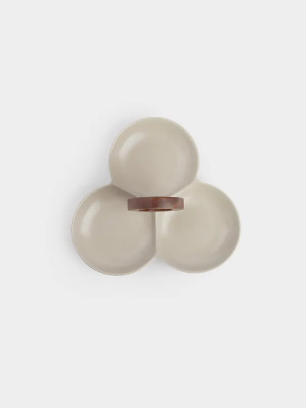 Менажница, с декором, 24 см, 3 отд, с ручкой, фарфор P/дерево, молочная, Ceramo noble, image-3