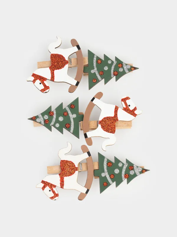 Сәндік қыстырғыш, 5 см, 6 дана, ағаш, жылтырақтары бар, ақ/жасыл, Жылқы/Шырша, Figure wood, image-1