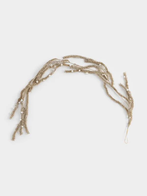 Ветка-гирлянда декоративная, 1,2 м, пластик/металл, шампань, Хвоя и бусины, Conifer champagne, image-0