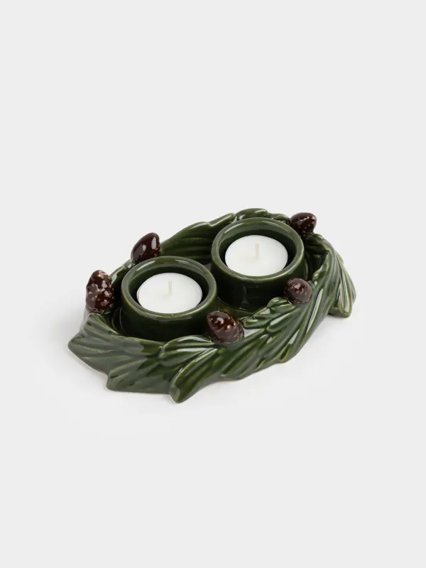 Шам ұстағыш, 18х13 см, 2 шай шамына арналған, керамика, жасыл, Шырша бұтағындағы шырша бүршіктері, Forest whispers, image-4