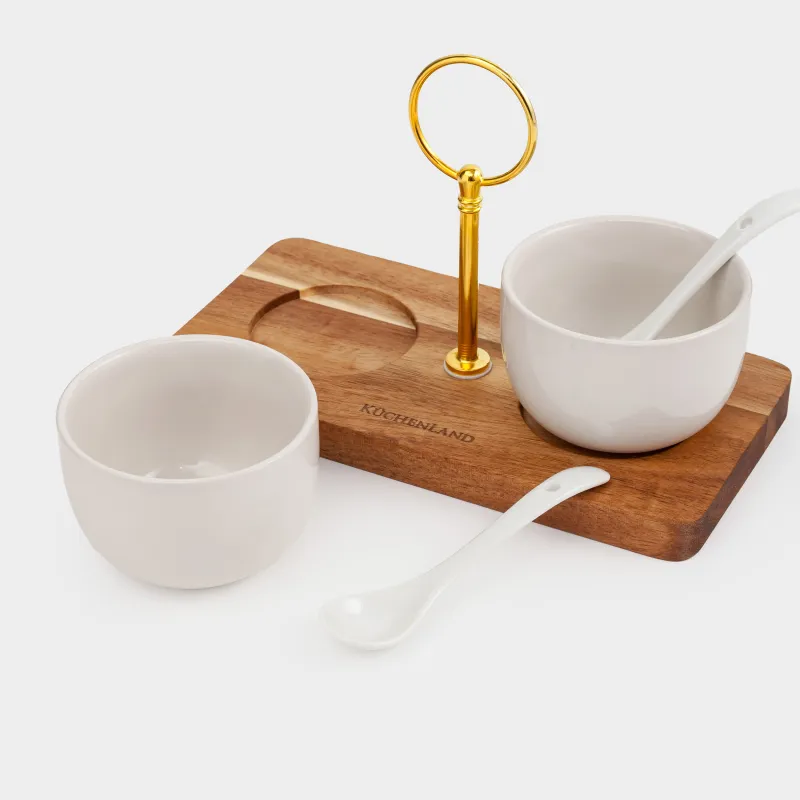 Вазочка для джема, 20x13 см, 2 шт, с ложкой, на подставке, керамика/дерево, молочная, Noble tree, image-5