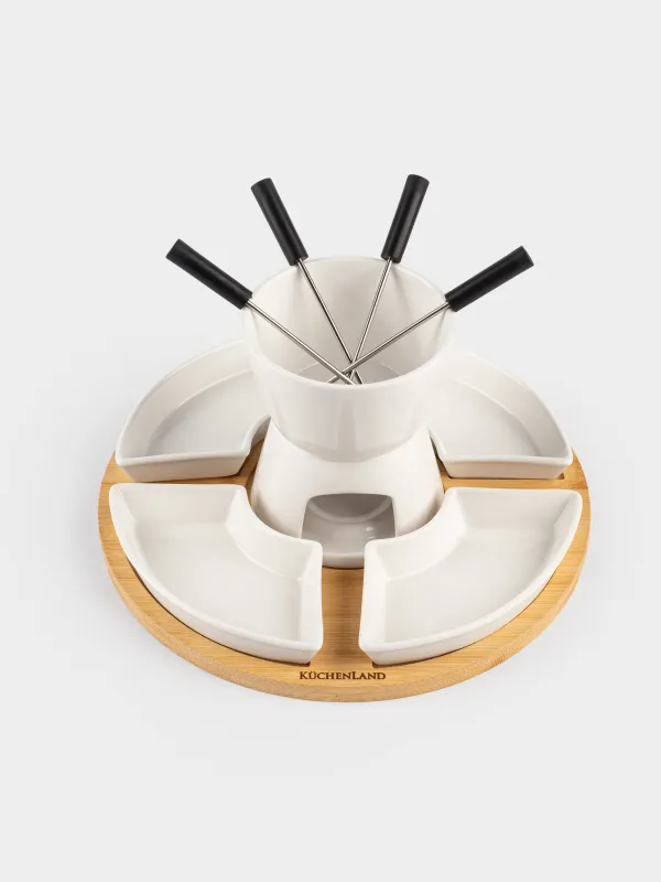 Фондюге арналған жиынтық, 4 адам, тұғырда, керамика/бамбук, Bamboo, image-4