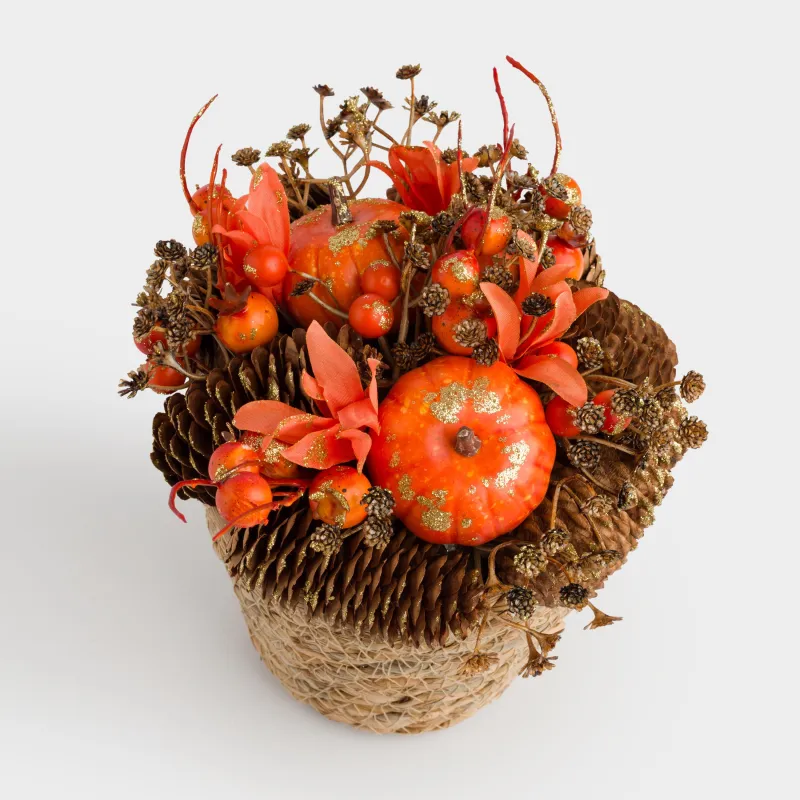 Сәндік композиция, 18 см, себетте, ағаш/полистирол, Шырша бүршіктері мен жидектер, Forest symphony decor, image-1