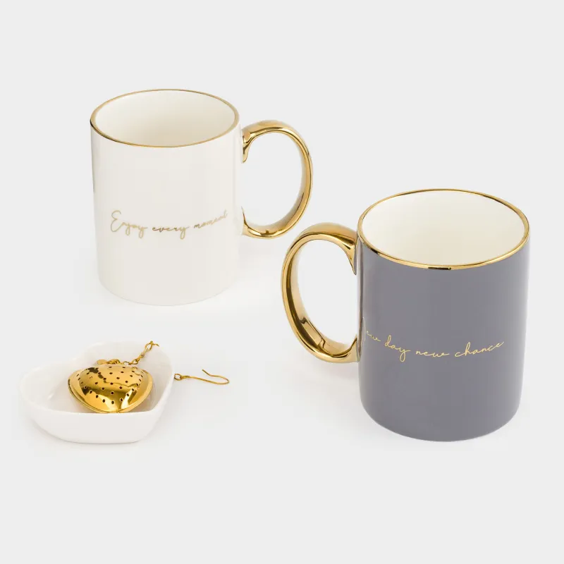 Кружка, 350 мл, 2 шт, с ситом на подставке, фарфор N/сталь, серая/белая, Scroll, image-0