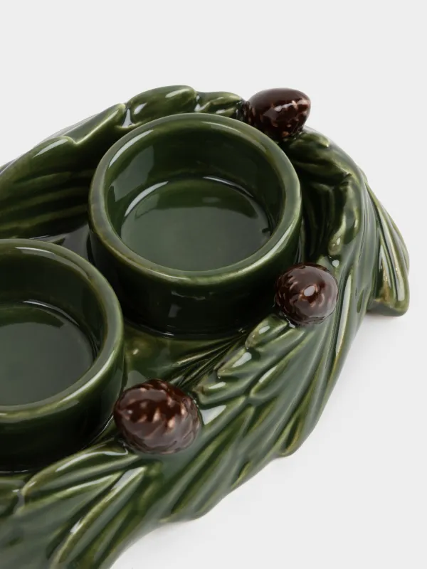 Шам ұстағыш, 18х13 см, 2 шай шамына арналған, керамика, жасыл, Шырша бұтағындағы шырша бүршіктері, Forest whispers, image-3