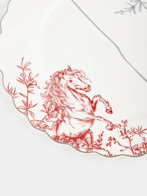 Түскі ас тәрелкесі, 27 см, фарфор N, ақ, күміс жиектері бар, Жылқы, Kairon horse, image-2