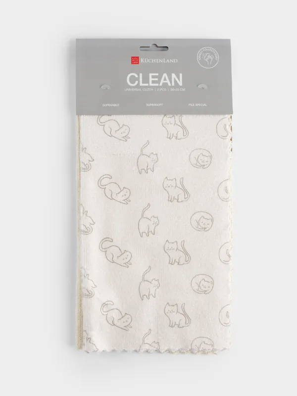 Тряпка универсальная, 30х30 см, 2 шт, микрофибра, серо-бежевая, Коты, Clean, image-4
