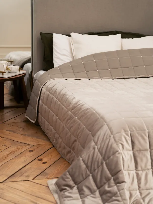 Покрывало, 220х240 см, стеганое, вельвет/микрофибра, серо-коричневое, Квадраты, Stitch velvet, image-2