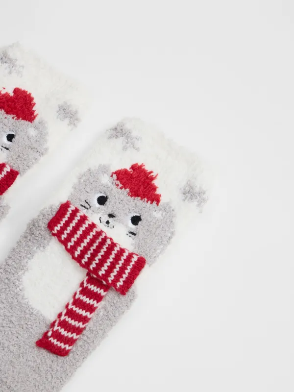 Носки детские, домашние, р. 27-29, в коробке, полиэстер, молочно-серые, Кот в шарфе, Merry, image-2