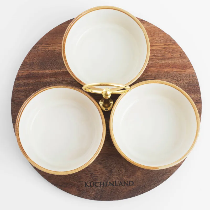 Набор для закусок, 3 пр, на подставке, с ручкой, керамика K/дерево, молочный, Noble tree, image-4