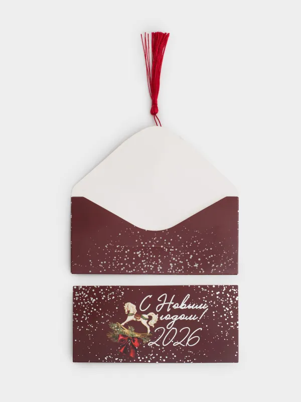 Сыйлық конверті, 17х9 см, қылқаламы бар, қағаз, қою қызыл, Тербелетін ат, Christmas, image-3