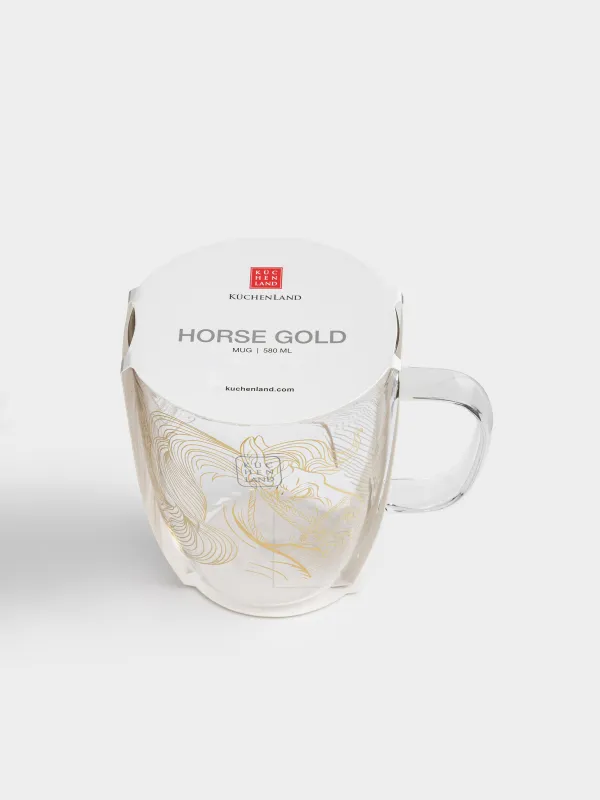 Кружка, 580 мл, стекло Б, золотистая, Лошади, Horse gold, image-4
