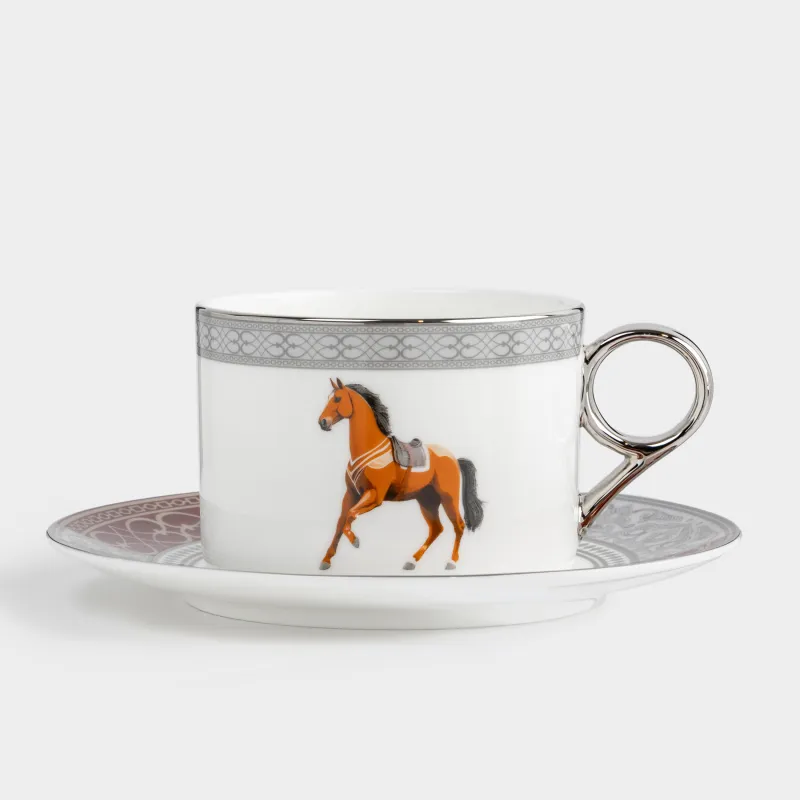 Шай жұбы, 1 адам, 2 зат, 270 мл, фарфор F, ақ-күрең қызыл, күміс жиегі бар, Жылқы, Breton horse