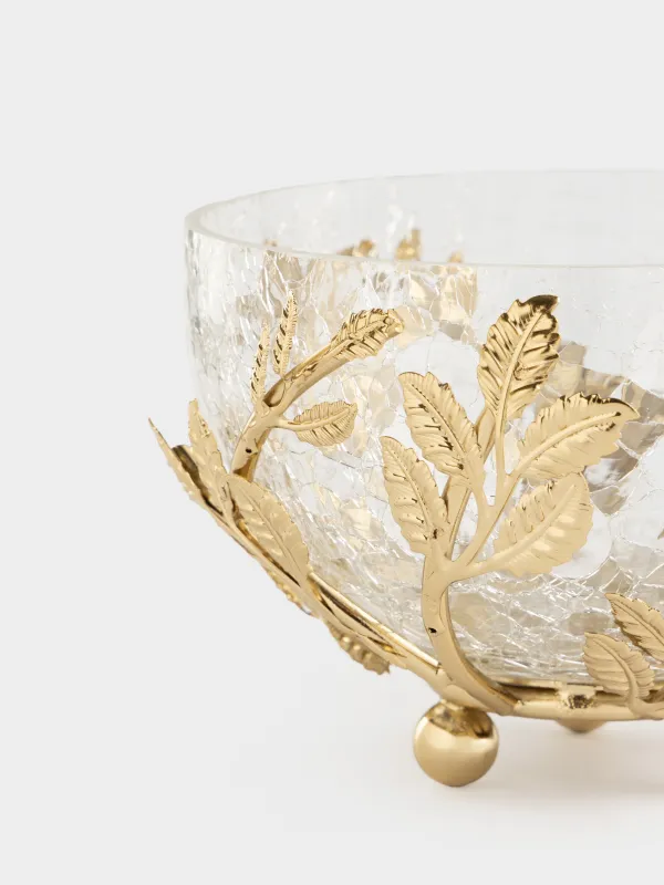 Терең ыдыс, 16х8 см, тұғырда, шыны/металл, алтын түстес, Жапырақтар, Fantastic gold, image-2
