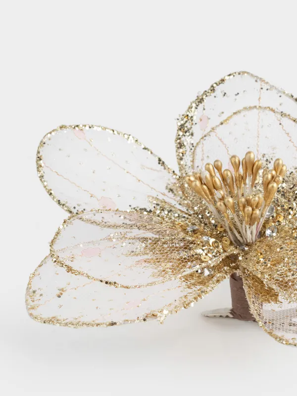 Сәндік әшекей, 18 см, қыстырғышта, полиэстер/пенопласт, алтын, Гүл, Figure sparkle, image-3