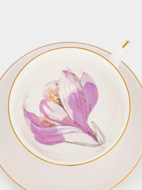 Шай жұбы, 1 адам, 2 зат, 220 мл, фарфор F, күлгін, алтын жиегі бар, Гүл, Bloome, image-4