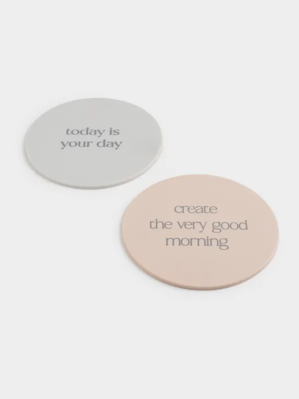 Подставка под кружку, 10 см, 2 шт, круглая, силикон, бежевая/серая, Good morning, Scroll, image-2