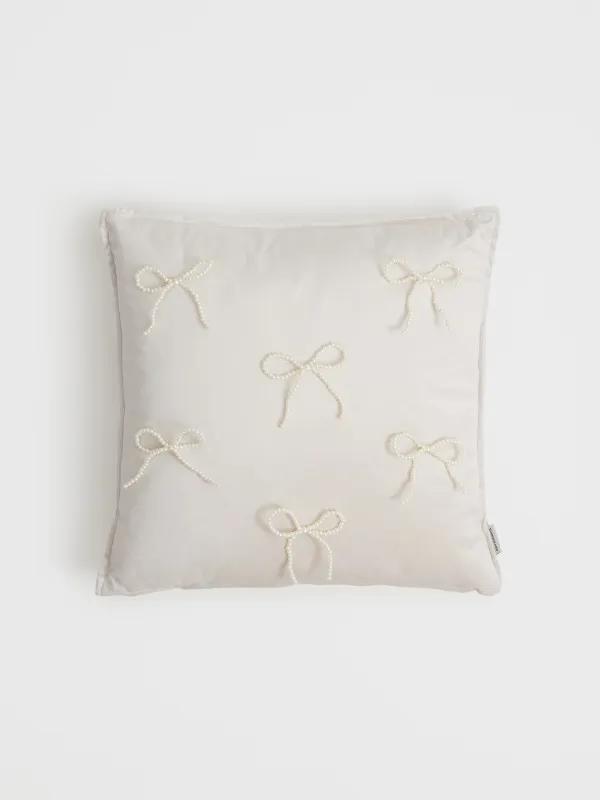 Сәндік жастық, 45х45 см, барқыт/моншақ, сұр, Бантик, Pearl bow, image-0