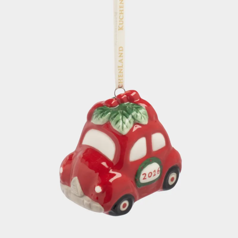 Игрушка елочная, 7 см, керамика, красная, Машина с венком, Figure christmas