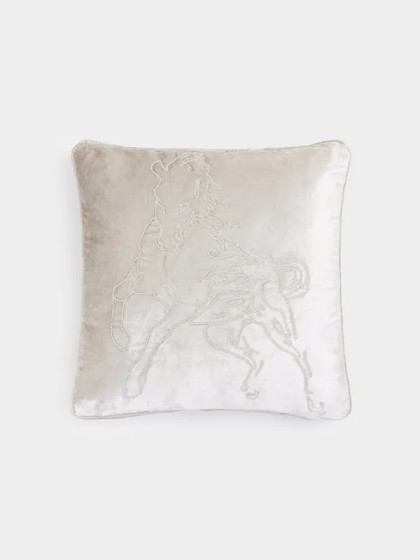 Подушка декоративная, 50х50 см, вельвет/бисер, молочная, Лошадь, Horse, image-0