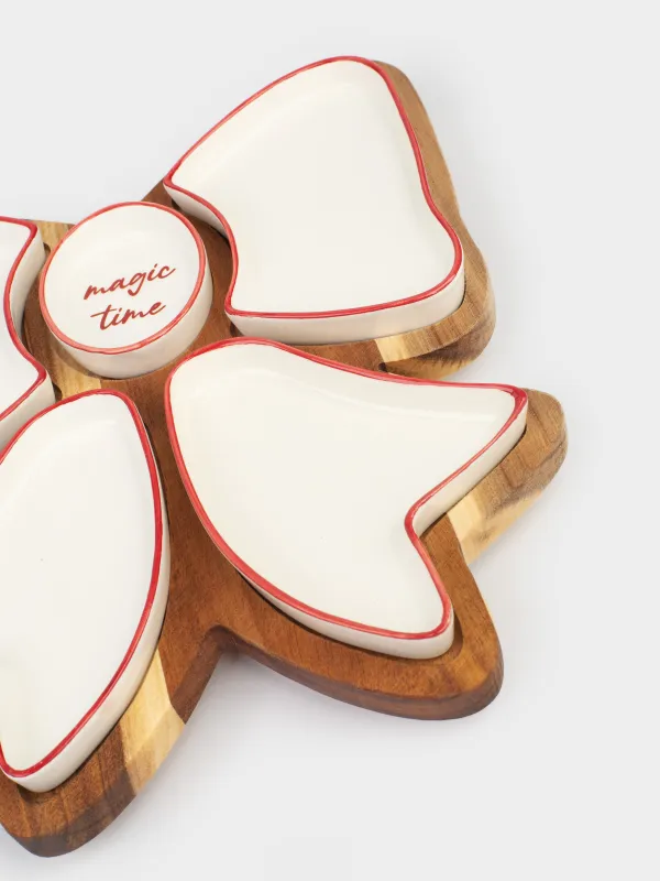 Набор для закусок, 5 пр, вращающийся, на подставке, керамика/дерево, молочный, Бант, Noble tree, image-2