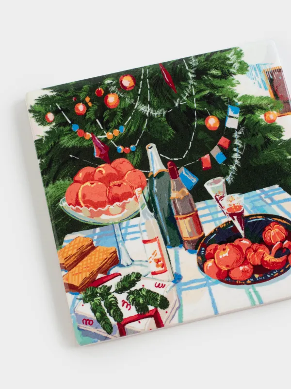 Подставка под кружку, 11х11 см, квадратная, керамика/пробка, Застолье, Feast christmas, image-3