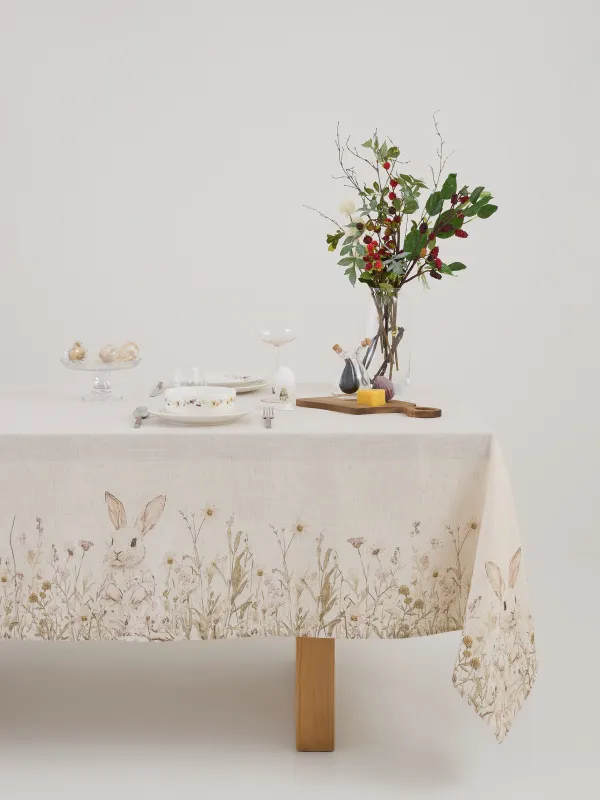 Дастархан, 170х250 см, полиэстер/зығыр, сарғылт-қоңыр, Гүлдер арасындағы қоян, Bunny in flowers, image-0