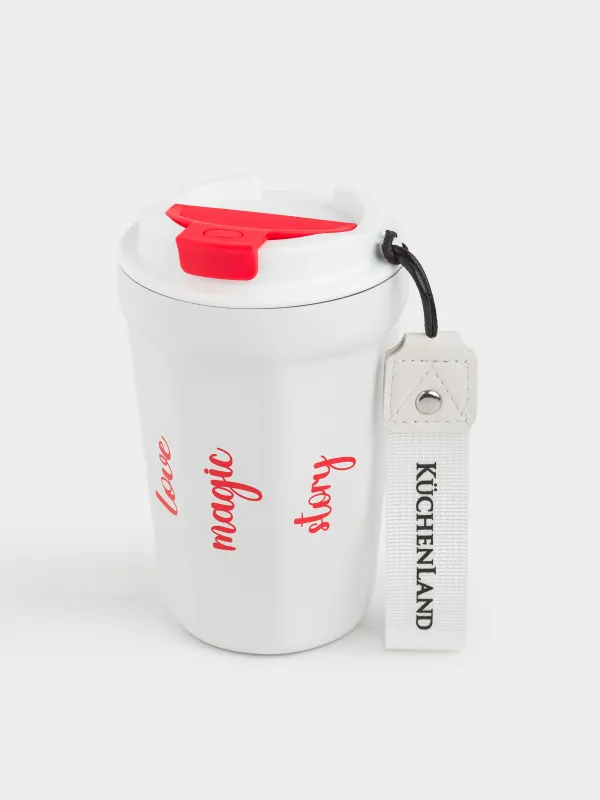 Термосаптыаяқ, 350 мл, бауы бар, болат/пластик/тоқыма, ақ және қызыл, Story, image-1