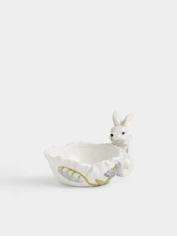 Кәмпит ыдысы, 20х13 см, керамика, сүт түстес және сұр, Гүлдері бар қоян, Easter, image-1