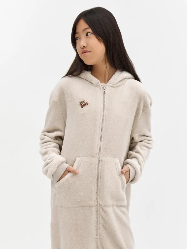 Комбинезон детский, домашний, с капюшоном, флис, бежевый, Кот, Annie, image-2