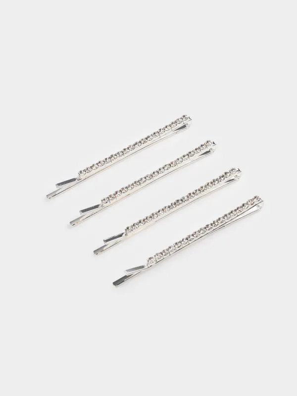 Шаш қыстырғыш, 6 см, 4 дана, шыны/металл, күміс түстес, Hair crystal, image-2