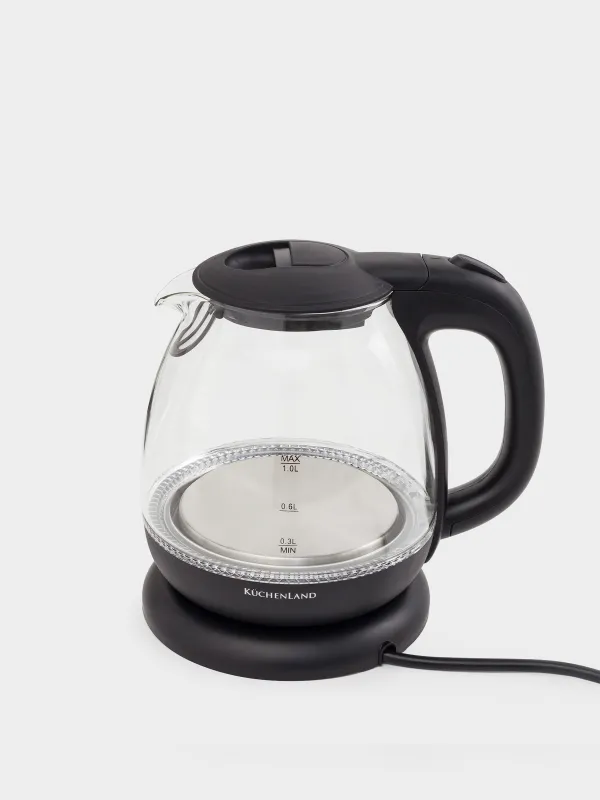 Электр шайнек, 1 л, 900-1100 Вт, шыны Б/пластик, жарықпен, қара, Progress plus, image-1