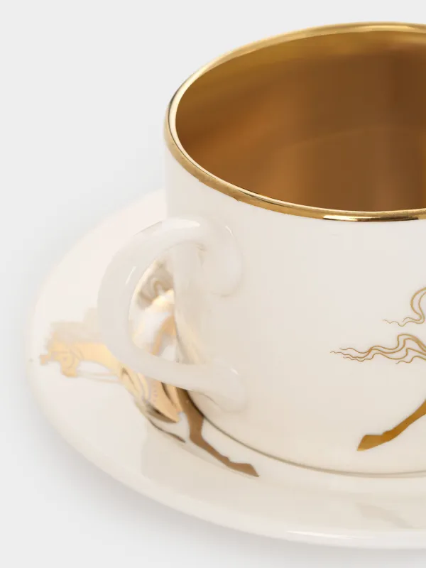 Шай жұбы, 1 адам, 2 зат, 220 мл, фарфор N, ақ-алтын, Жылқы, Horse gold, image-2