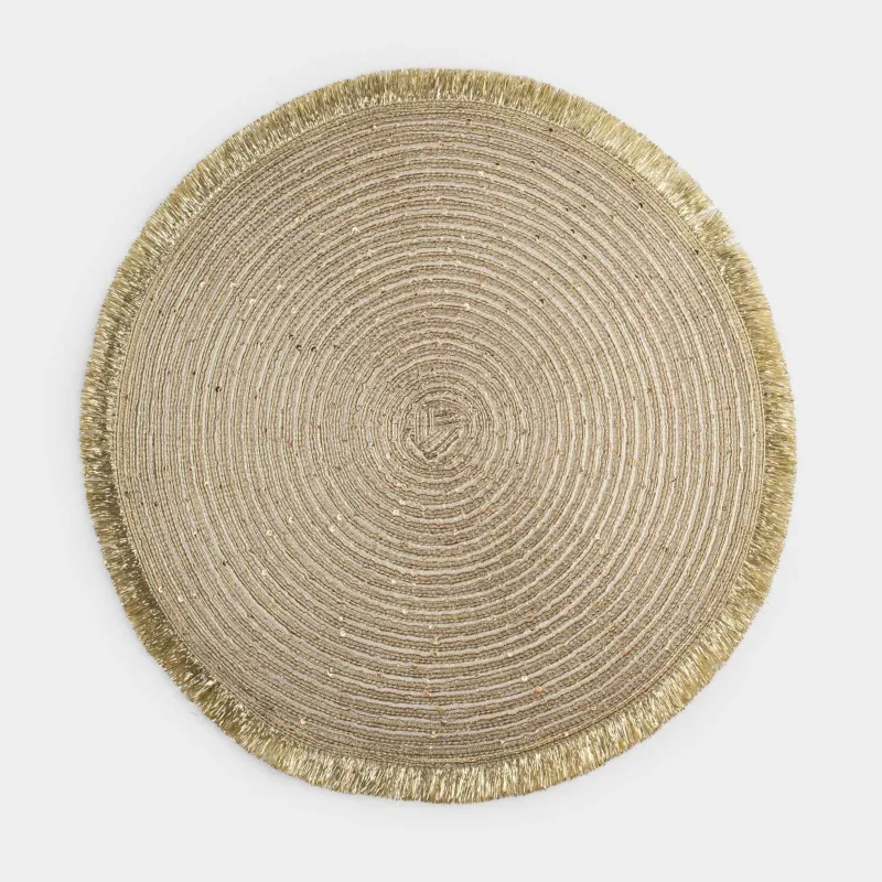 Салфетка под приборы, 38 см, с бахромой и пайетками, полиэстер, круглая, золотистая, Rotary shine