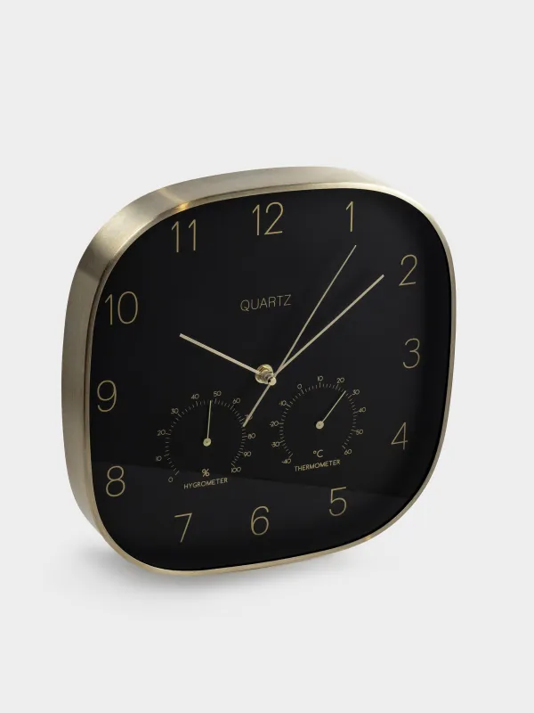 Қабырға сағаты, 30 см, термометрі мен гигрометрі бар, металл/шыны, қара, Dial, image-1