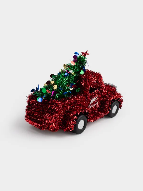 Статуэтка, 27 см, мишура/пластик, красная, Машина с елкой, Tinsel decor, image-3