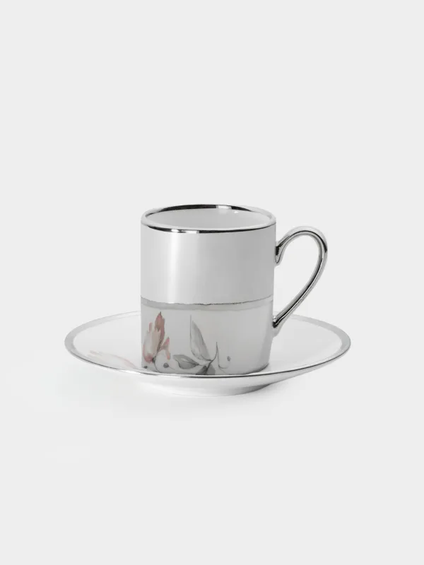 Пара кофейная, 1 перс, 2 пр, 90 мл, фарфор N, бело-серебристая, Цветок, Flower silver, image-0