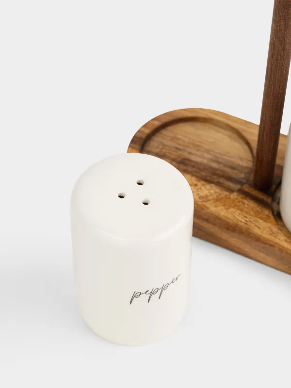 Набор для соли и перца, 17 см, на подставке, фарфор P/дерево, молочный, Noble tree, image-3