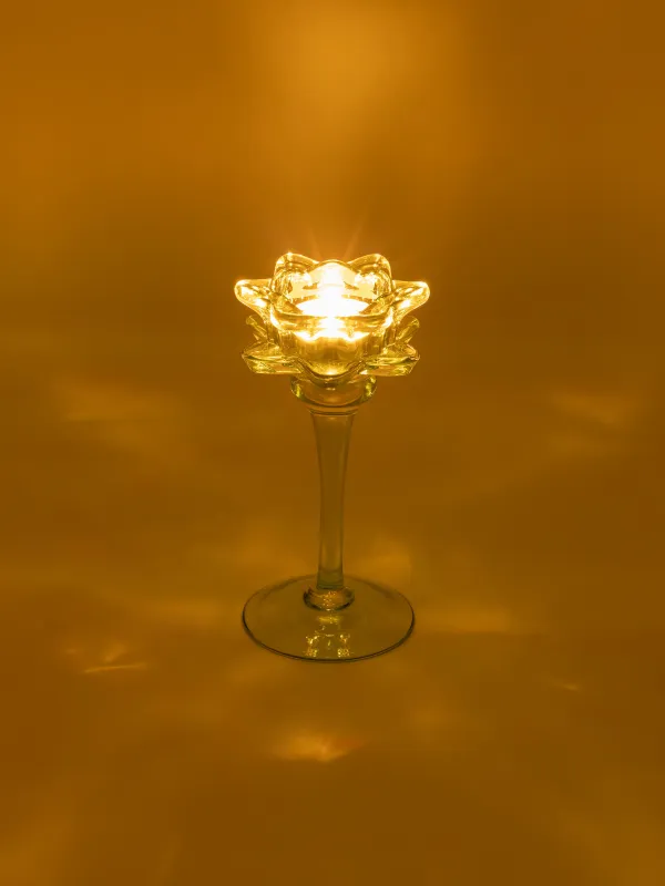 Шам ұстағыш, 17 см, шай/жіңішке шамға арналған, аяқты, шыны, жасыл, Лотос, Fleur color, image-3