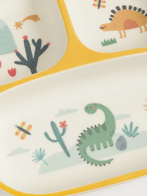 Түскі ас тәрелкесі, балаларға арналған, 18 см, 3 бөлім, бамбук, шаршы, сары, динозаврлар, Dino, image-1