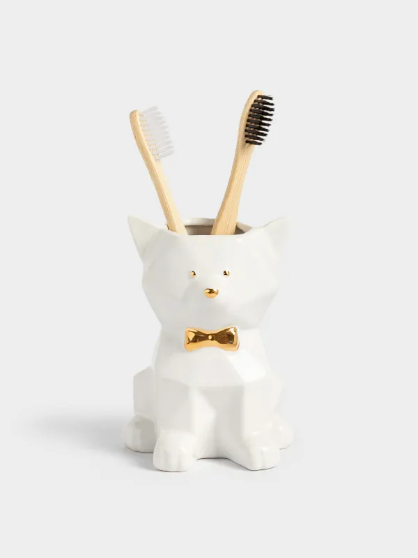 Жуынатын бөлмеге арналған стақан, 14 см, керамика, ақ және алтын, Мысық, Art modern, image-6