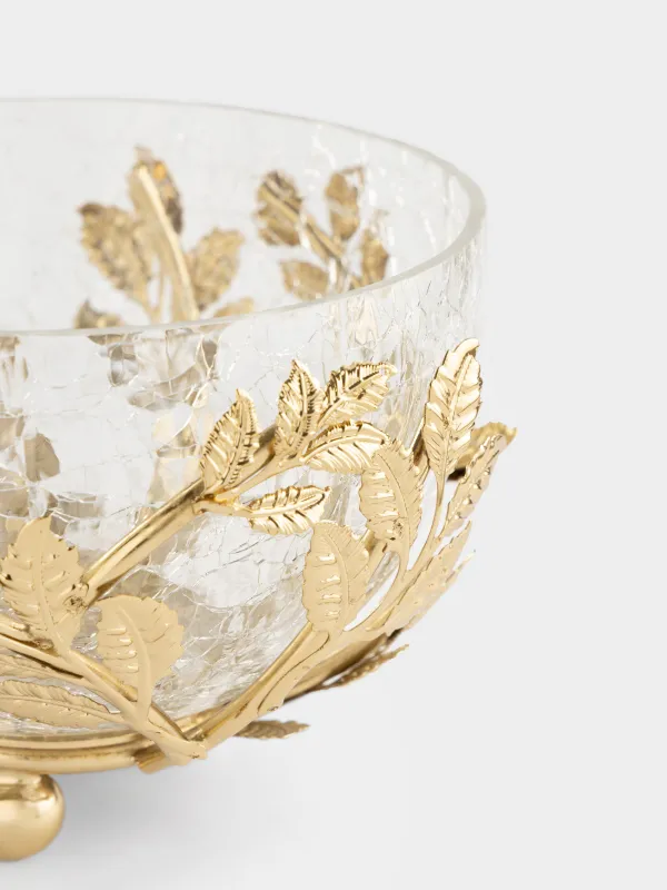 Терең ыдыс, 16х8 см, тұғырда, шыны/металл, алтын түстес, Жапырақтар, Fantastic gold, image-3