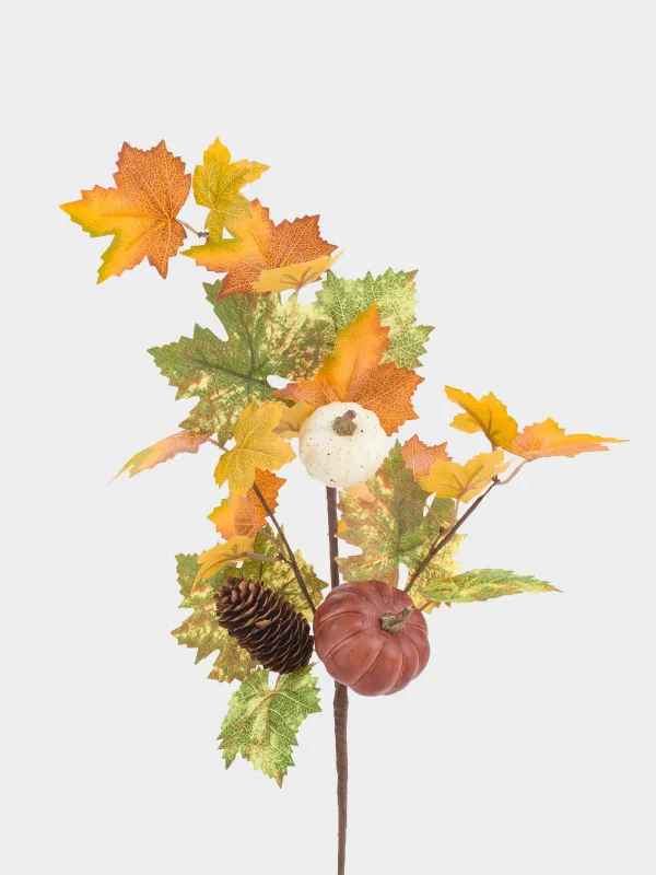 Ветка декоративная, 60 см, пенопласт/пластик, Тыквы с шишками и листьями, Autumn fusion, image-1