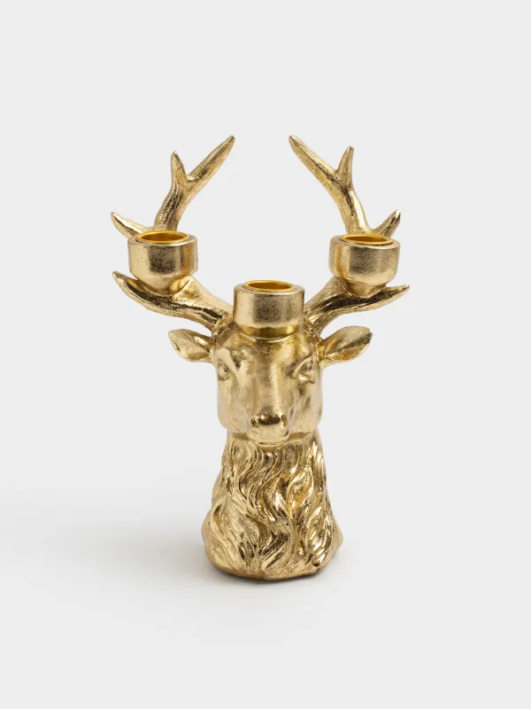 Подсвечник, 21 см, 3 тонкие свечи, полирезин, золотистый, Голова оленя, Deer gold, image-0