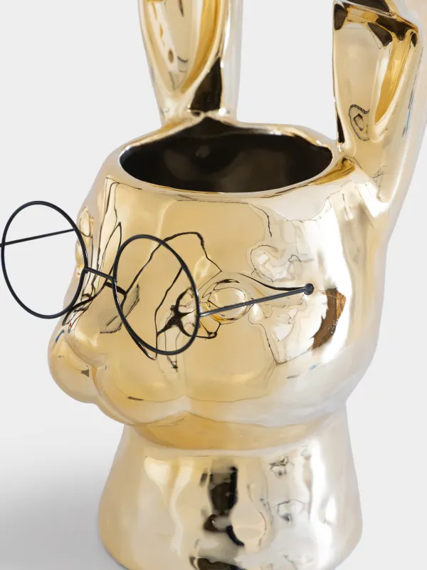 Гүл вазасы, 30 см, сәндік, фарфор P/металл, алтын түстес, Көзілдірік киген қоян, Rabbit gold, image-2