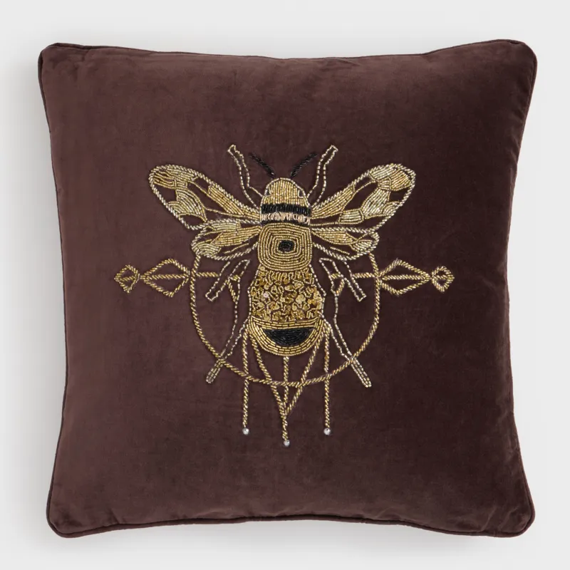 Сәндік жастық, 50х50 см, барқыт/моншақ, қоңыр, Түкті ара, Bugs