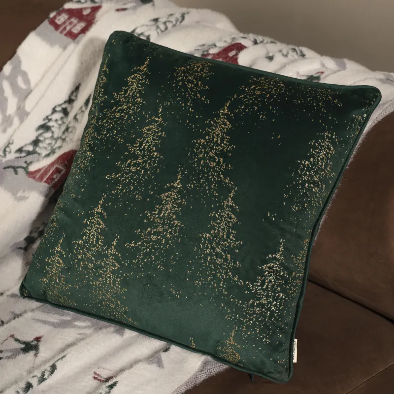 Сәндік жастық, 45х45 см, барқыт, қою жасыл, Қылқан жапырақты орман, Sparkle