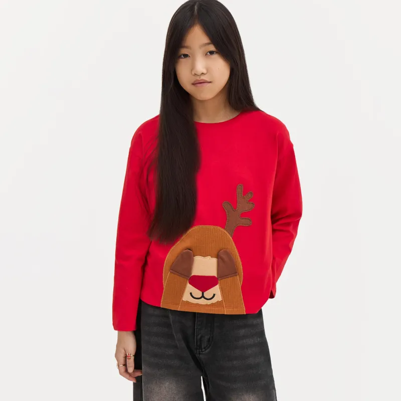 Балаларға арналған лонгслив, өлшемі 104 см, мақта, қызыл, Бұғы, Amelia