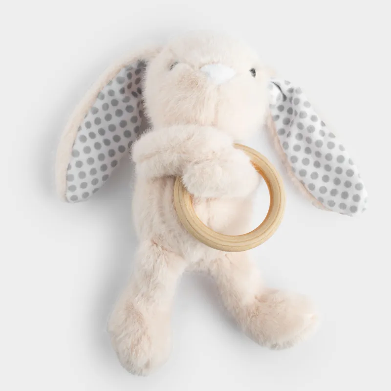 Игрушка-погремушка, 23 см, мягкая, полиэстер/дерево, бежевая, Зайка с кольцом, Rabbit, image-6